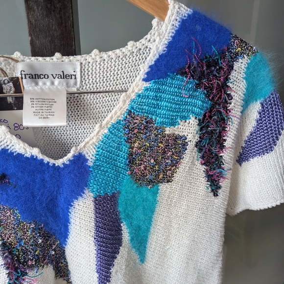 Vintage 80s Franco Valeri Short Sleeve Knit Abstract Top - Size Large - Picture 2 of 8